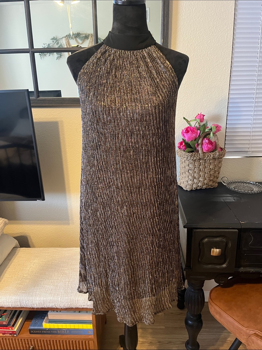 Catherine Malandrino Shimmery Brown Halter-Style Midi Dress